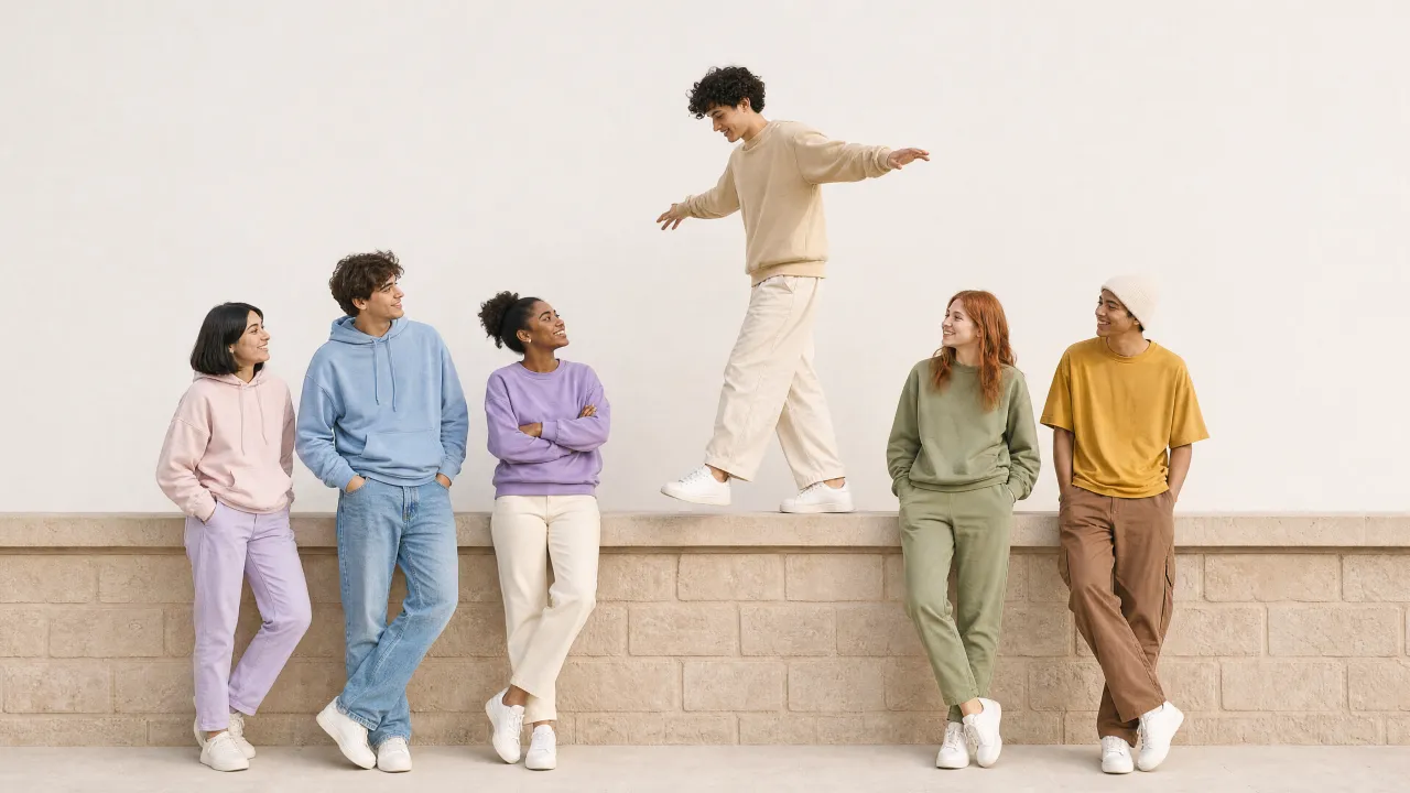 A group of friends relaxing together against a cream wall