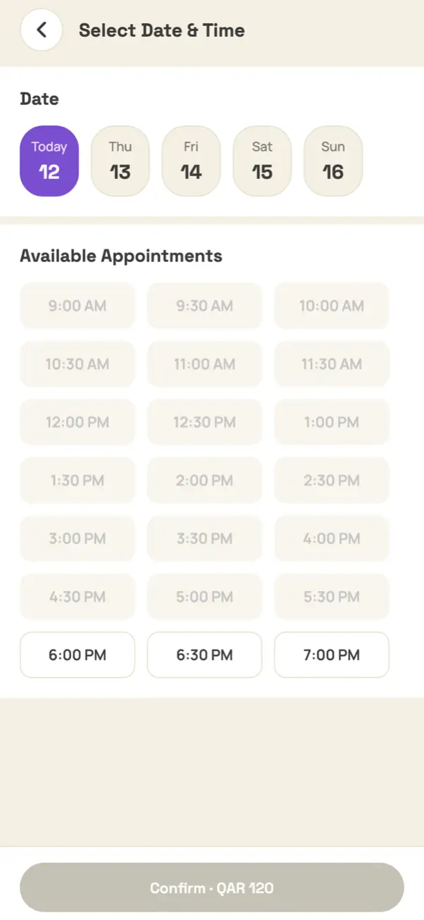 Picking an appointment date and time in the app
