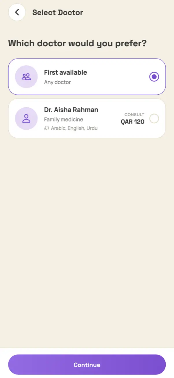 Choosing a doctor in the app with the consultation fee shown
