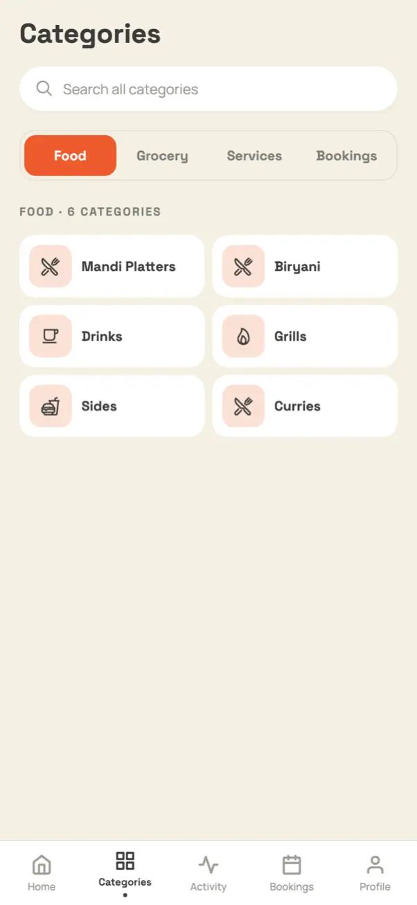 Food categories in the app, from mandi platters to grills