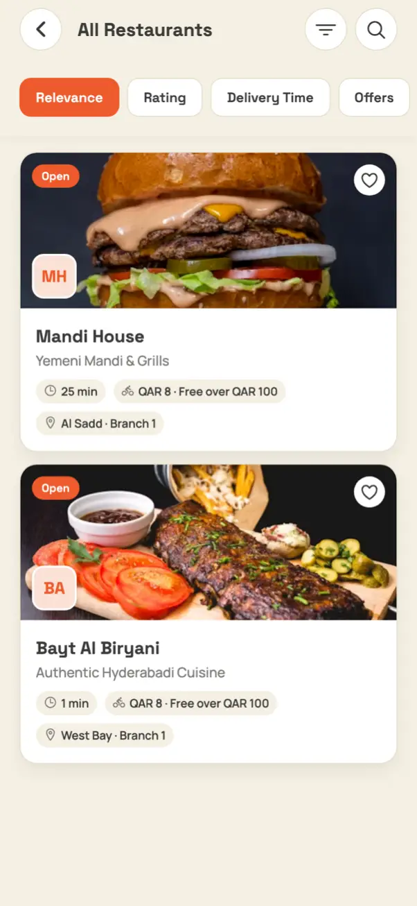 Restaurant list in the app with delivery details