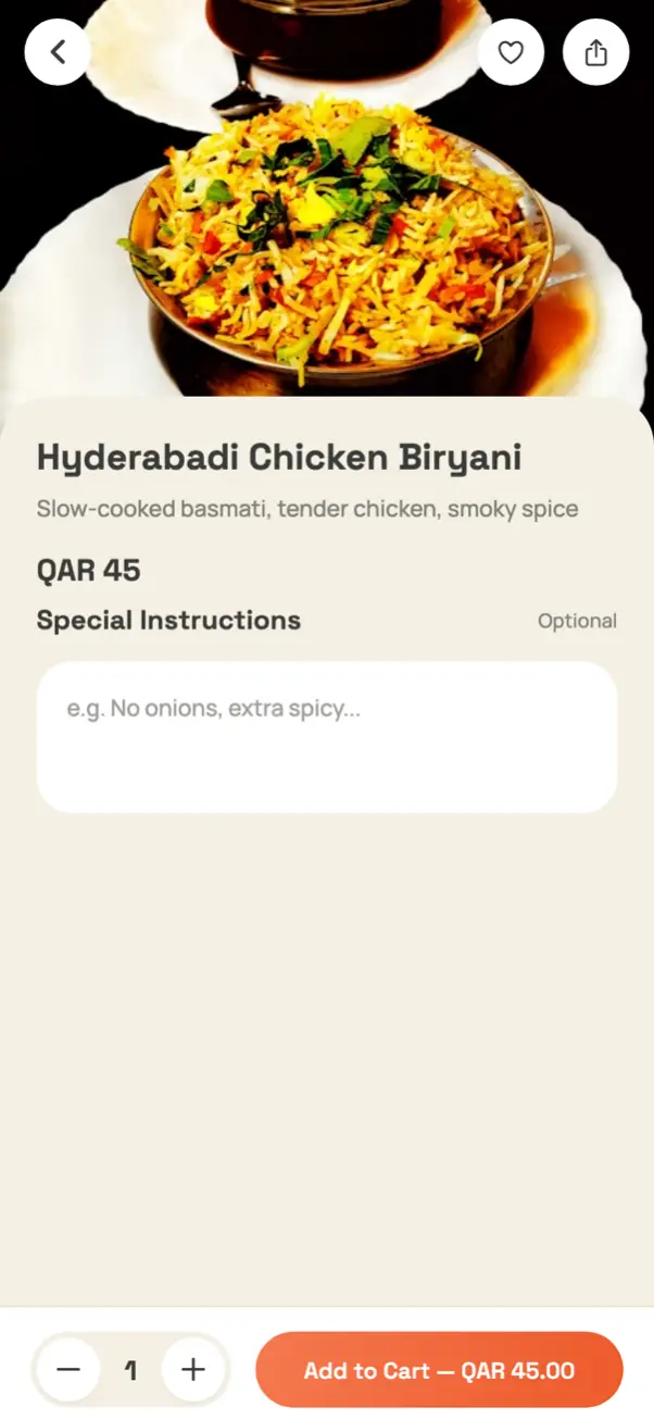 A dish page in the app with quantity picker and add-to-cart