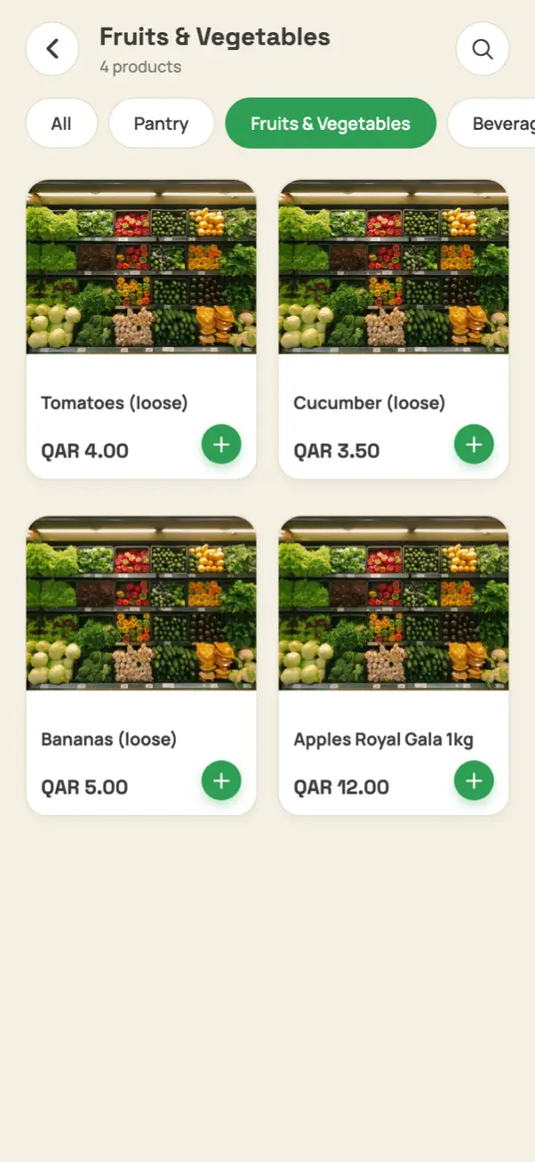 A grocery aisle in the app with products and QAR prices