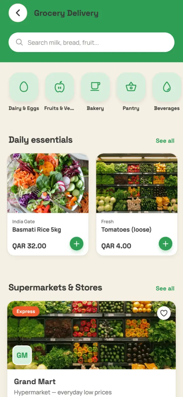 Grocery delivery in the app — categories and daily essentials