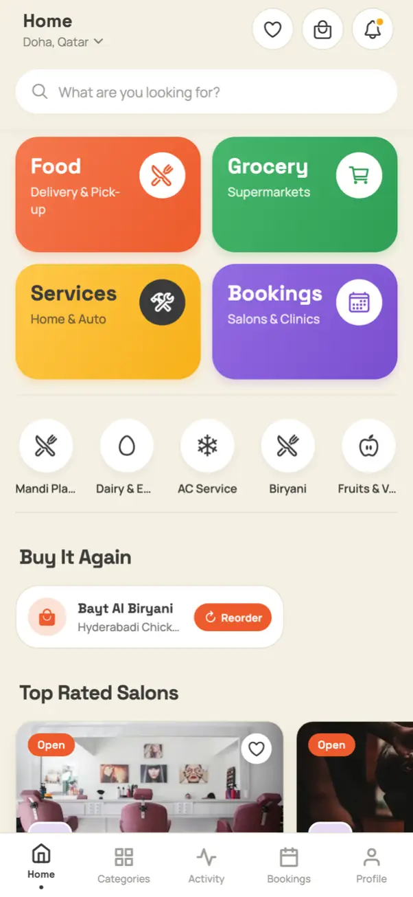 The FirstMonkeys app home screen: Food, Grocery, Services and Bookings in one place