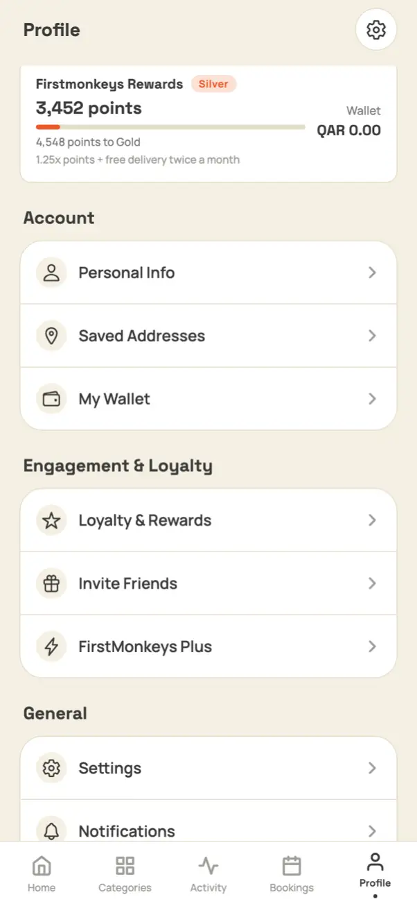 The Monkeys Points rewards card in the app profile