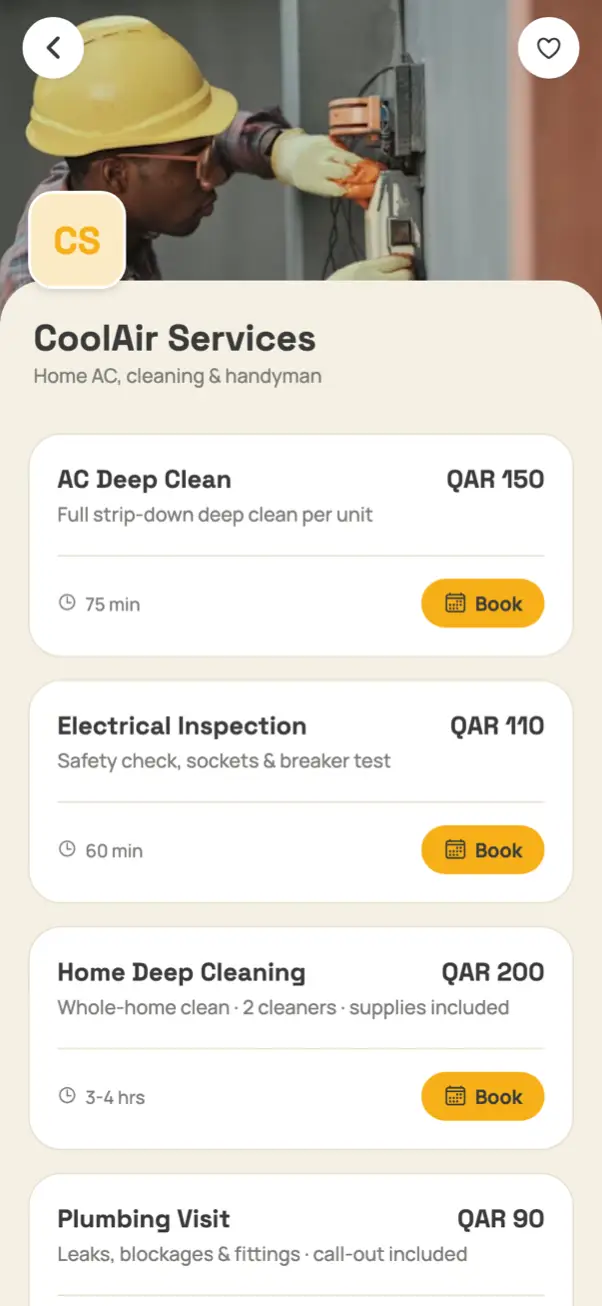 A service provider in the app with services, prices and durations