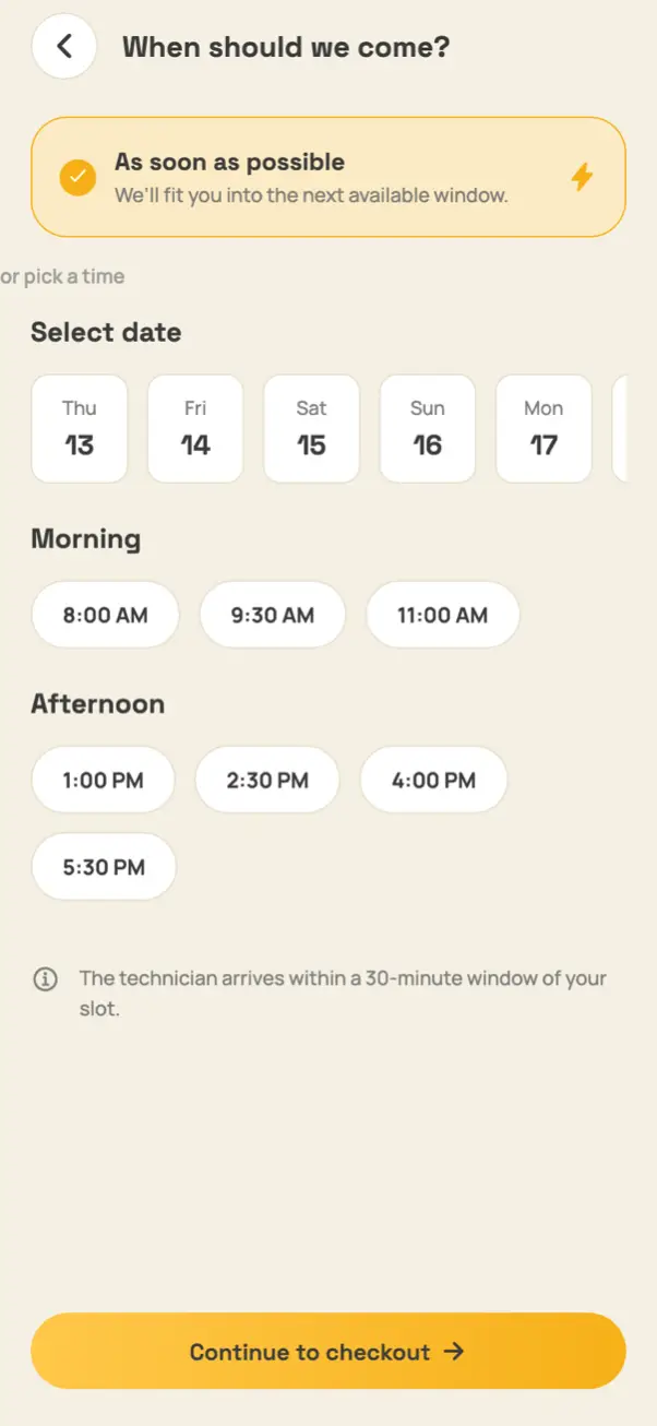Choosing a date and time slot for a service visit in the app