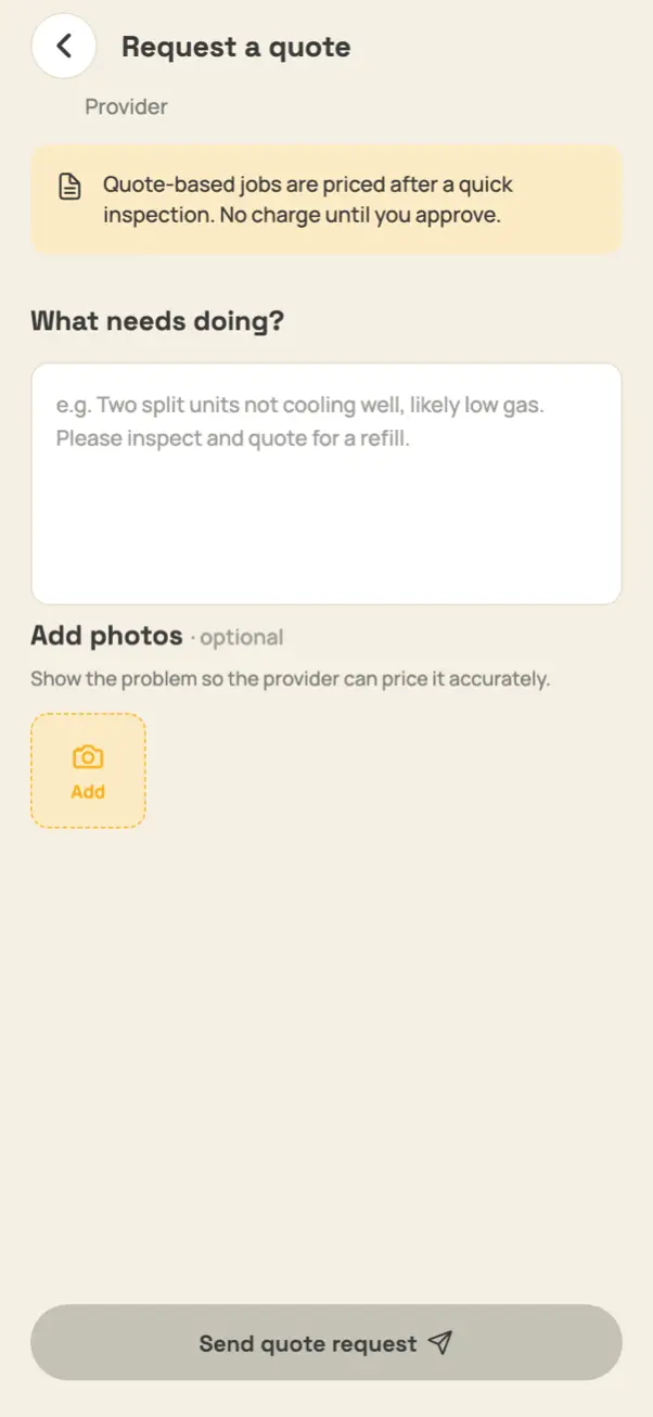 Requesting a photo quote in the app