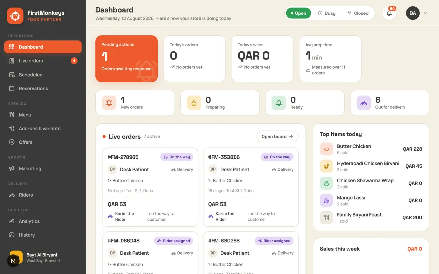 The partner dashboard with live orders and today’s stats